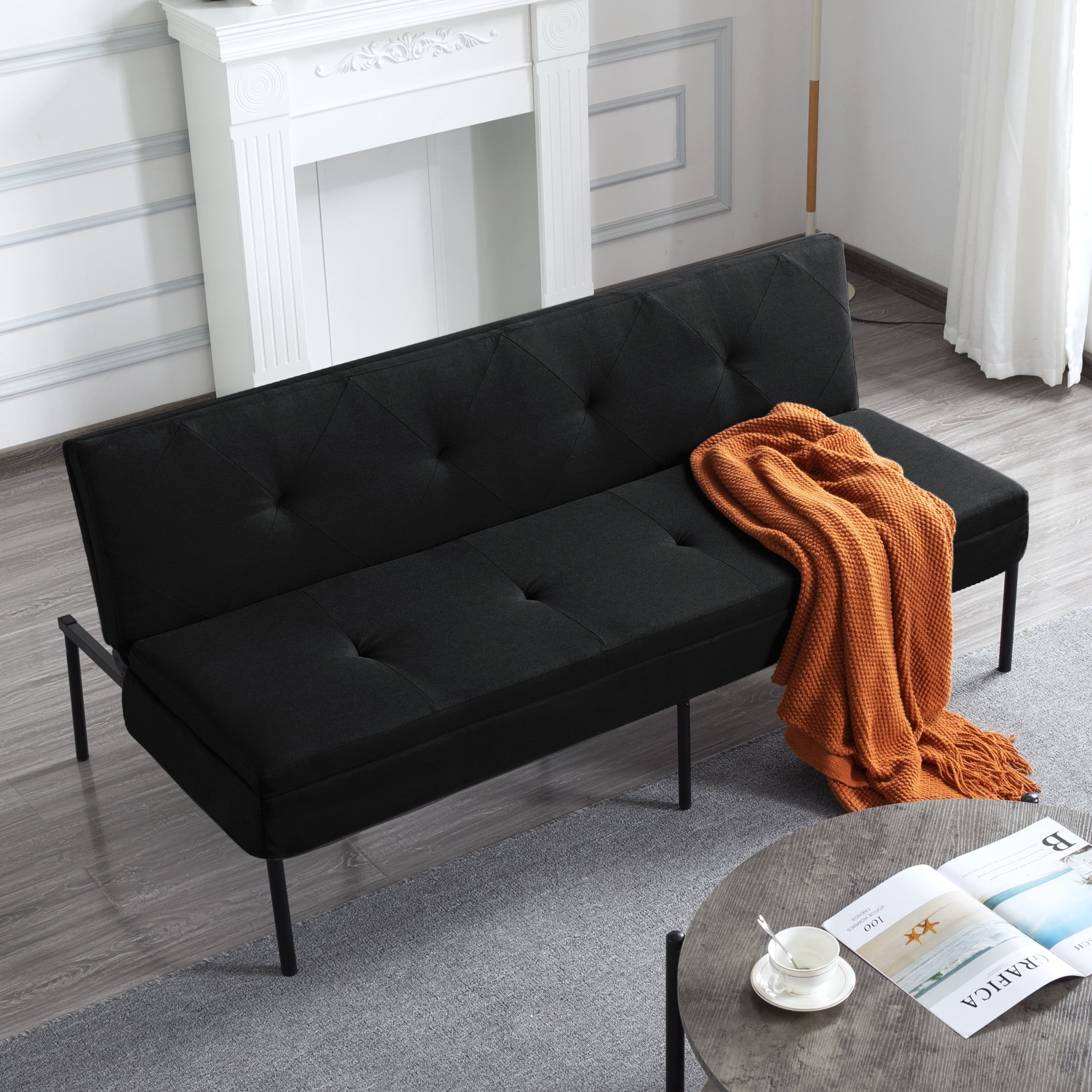 Gewnee 63.39”Futon Sofa Bed,Convertible Sleeper Couch - Iron Frame & 5 Adjustable Positions,Perfect for Living Room,Office,Apartment,Black