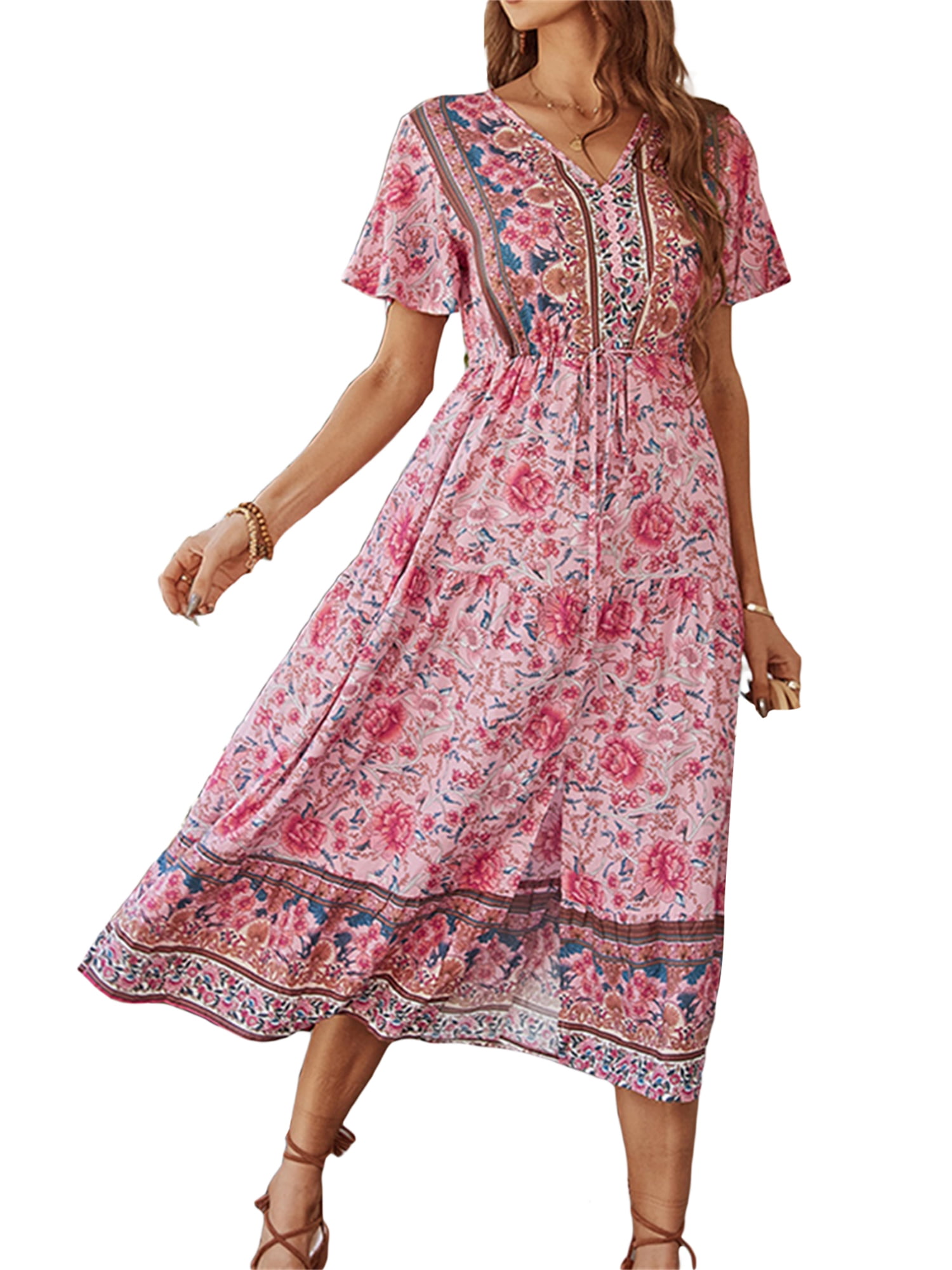 Kayotuas Women's Summer Boho Dress Floral Print Vintage Short Sleeve ...
