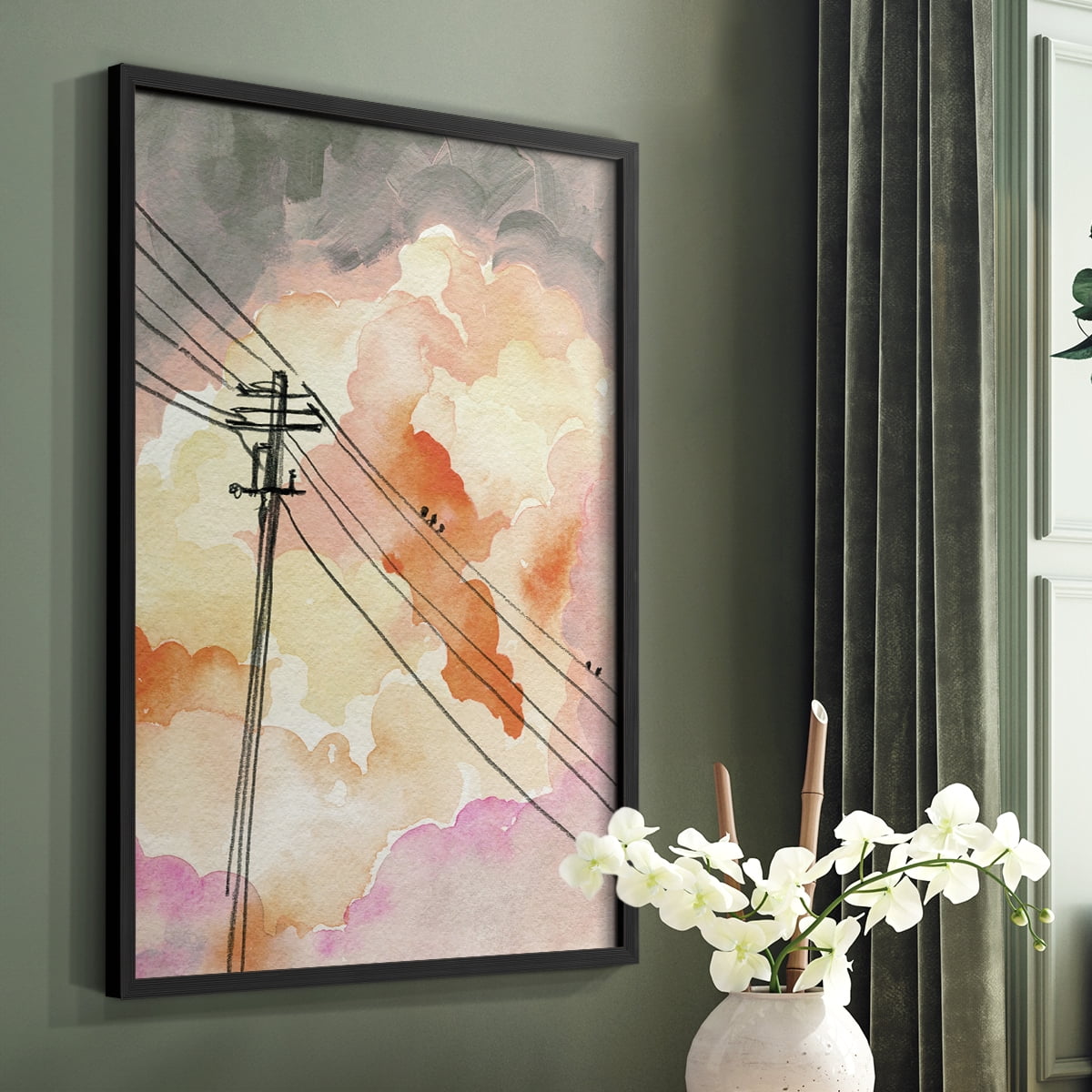 Cloudy Communication II Framed Print in Black Solid Wood Framed Print No Nail Hanging