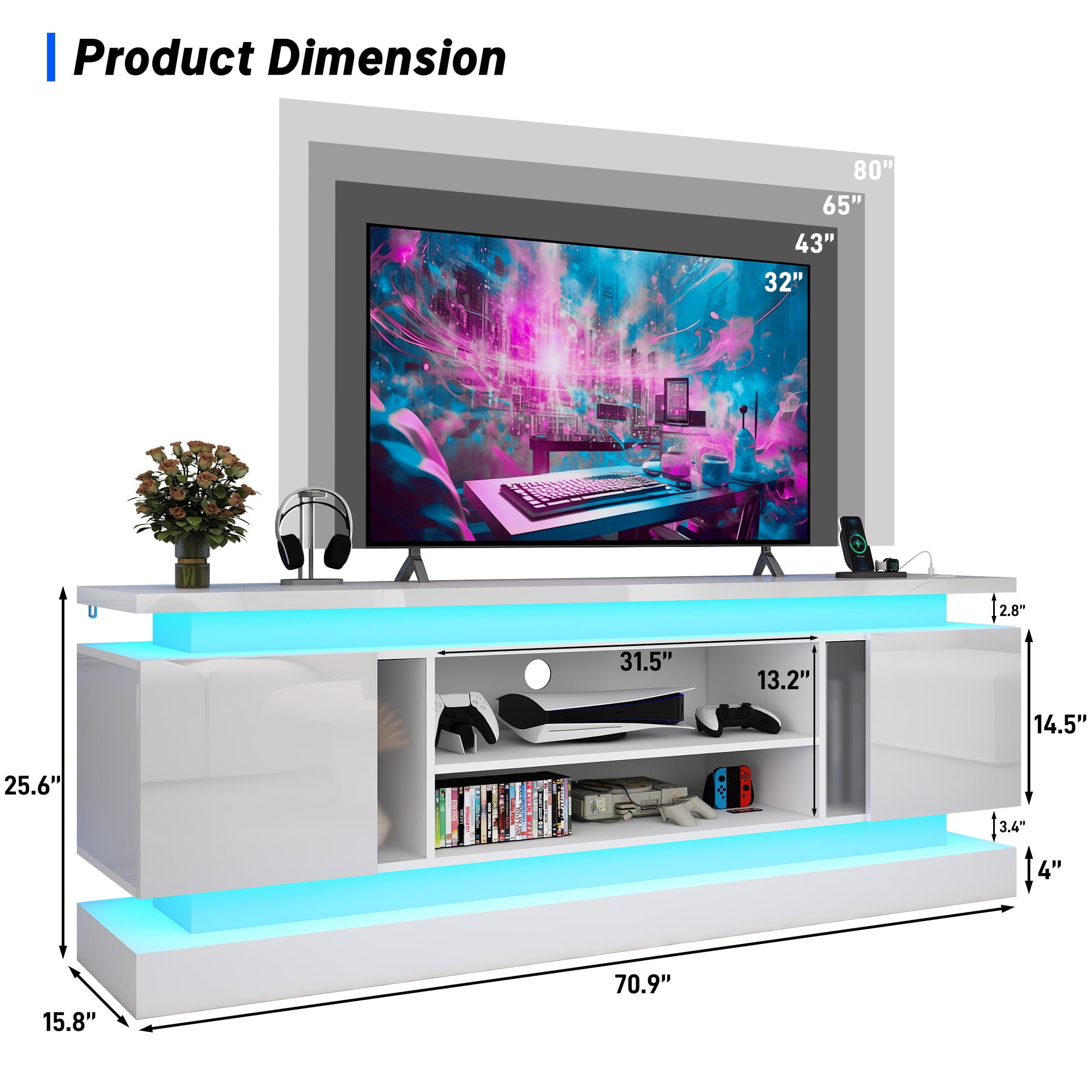 ChVans 71" LED TV Stand for TVs up to 85" with Power Outlets, High Gloss Surface, 2 Storage Cabinet, Modern Style, TV Media Console with Storage, White