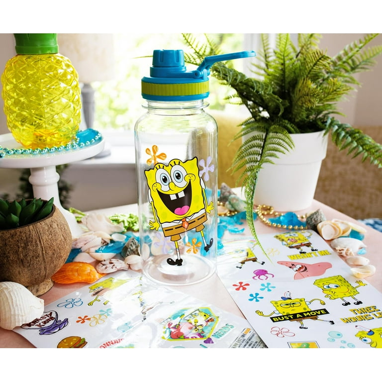 Silver Buffalo Spongebob SquarePants Happy Laugh Flowers Twist Spout Water Bottle & Sticker Set