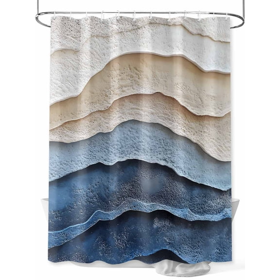 Blue Beige Small Stall Shower Curtain, Waterproof Shower Curtains for Bathroom, Coastal Wave Modern Abstract Art Washable Fabric Cloth Bath Curtain for Bathtub Decoration with Hooks 36x72 Inches