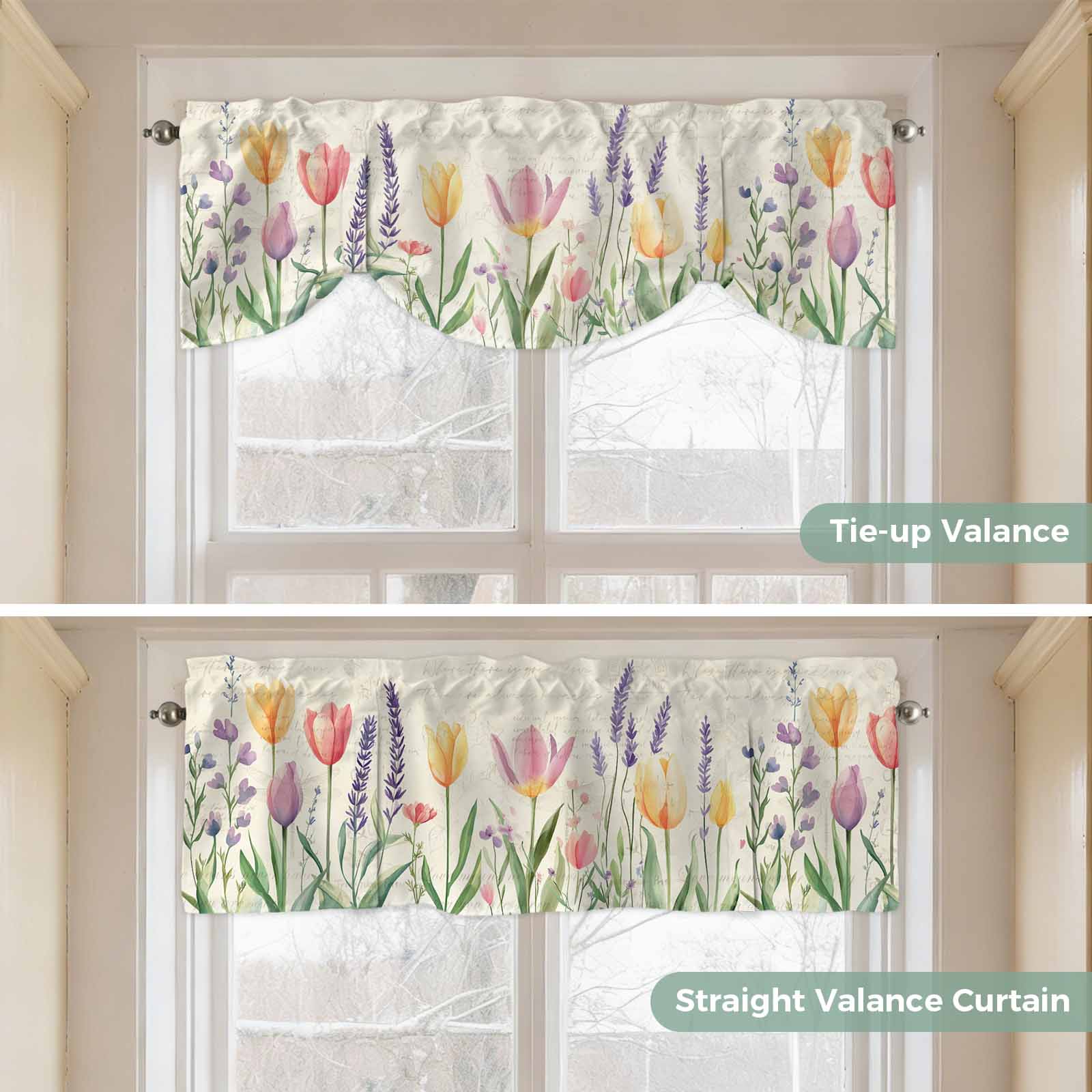 Spring Tulip Tie Up Valances Curtain, Colored Flower Plant Linen Texture Adjustable Rod Pocket Short Window Treatment Tie Up Curtains Valances for Kitchen Living Room Bathroom 54x18 Inches