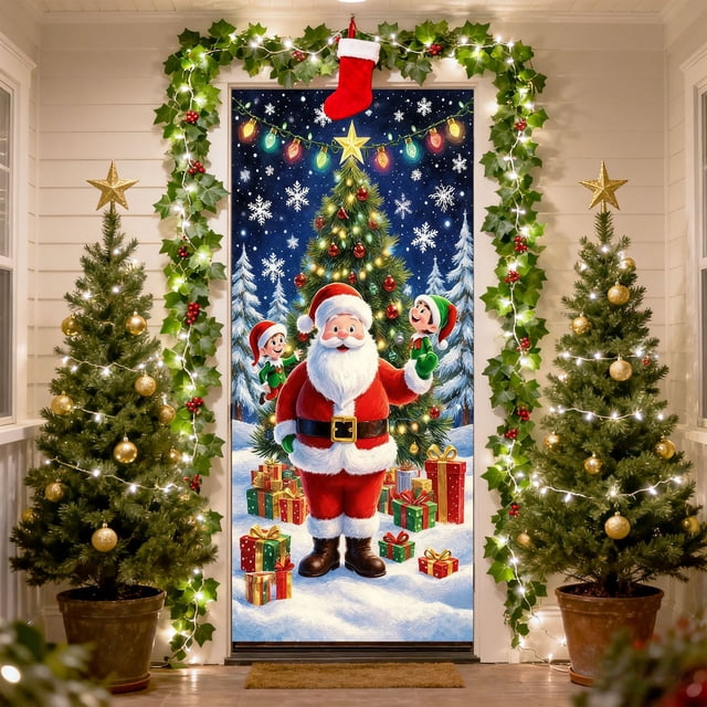 Linnome 35x71 Inch Santa Claus Door Decoration, Christmas Pattern Door Cover for Indoor Outdoor Use, Holiday Decor