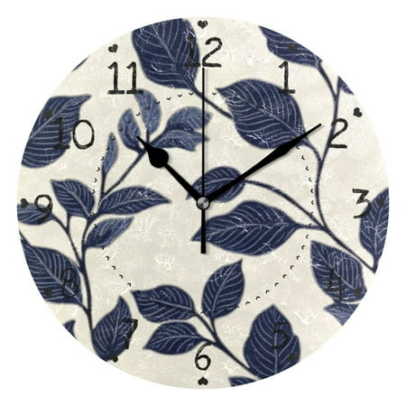 Blue Leaves Retro Style Round Wall Clock Silent Analog Battery Operated Black Pointer Home Decor 9.84 Diameter