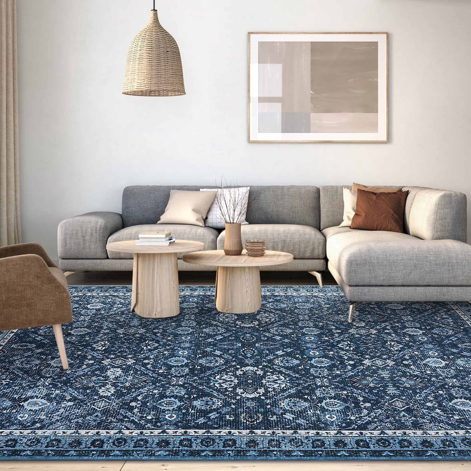 Hasoo Vintage Washable Area Rug 8' x 10' Rugs for Dining Room Moroccan Carpet, Blue