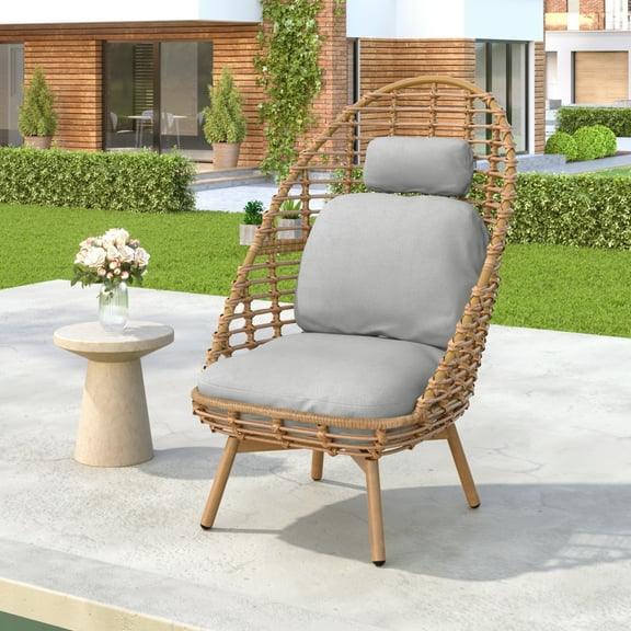 Ellis Outdoor Wicker High-Back Swivel Lounge Chair with Teak Finished Legs Light Brown Faux Rattan and Beige Cushions for Patio Deck or Garden