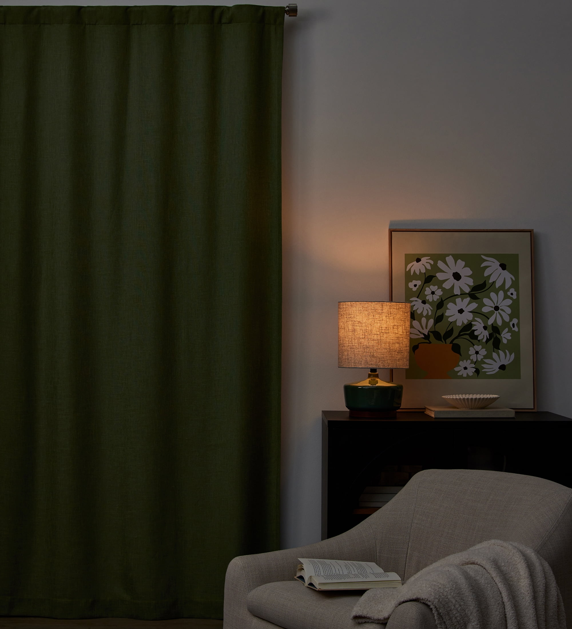 Better Homes & Gardens 100% Blackout Linen Blend Single Curtain, 50x95, Dark Cilantro
