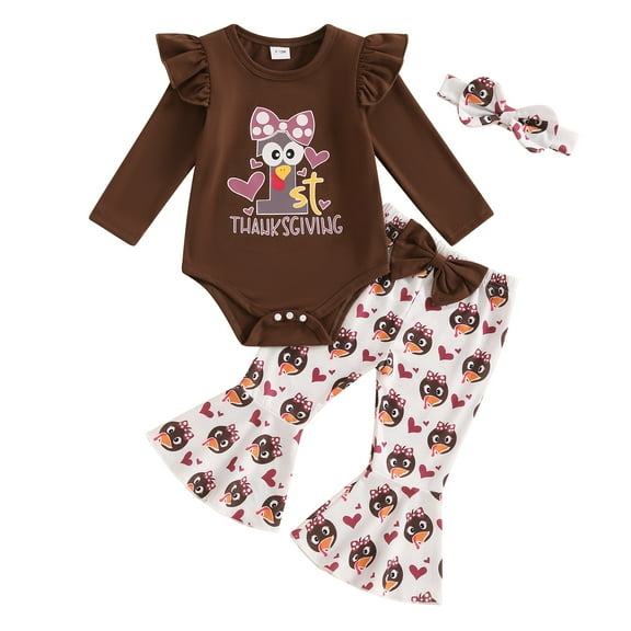 Elippeo Baby Girl Thanksgiving Outfit, Turkey Print Long Sleeve Romper Flare Pants Bow Headband 3 Piece Set for Fall