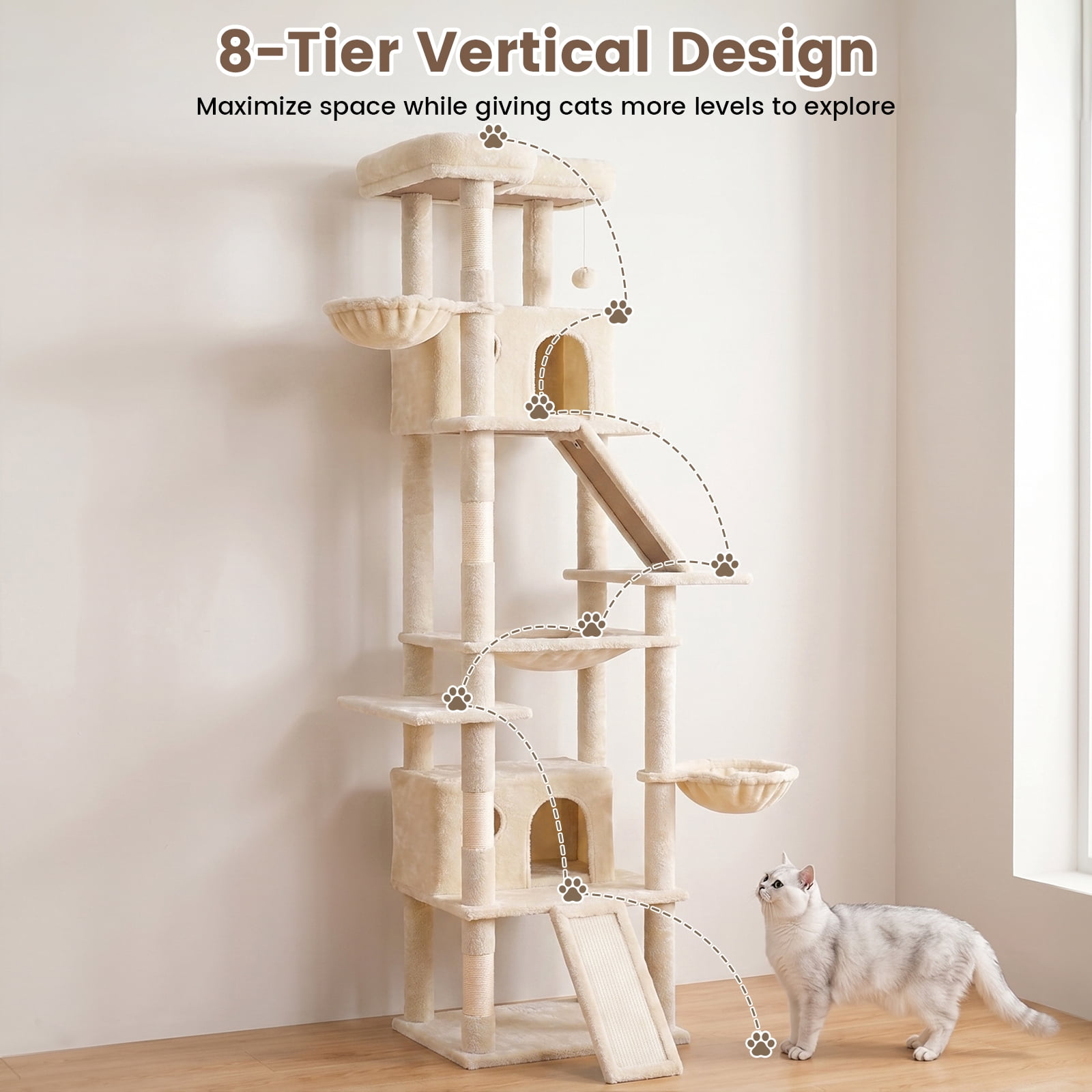CATGOOD 81" Cat Tower, Big Cat Treefor Multiple Adult Cats, Multi-Level Tall Cat Tree with 2 Platforms, 2 Condos, 2 Hanging Basket, Hammock and Scratching Post for Indoor Kitties, Beige