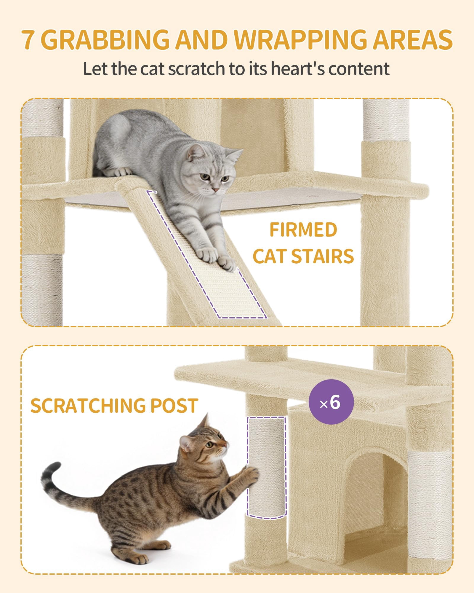 Cat Tree, 72 Inch Tall Beige Indoor Tower for Multiple Cats with Climbing, Condo, Scratching Posts