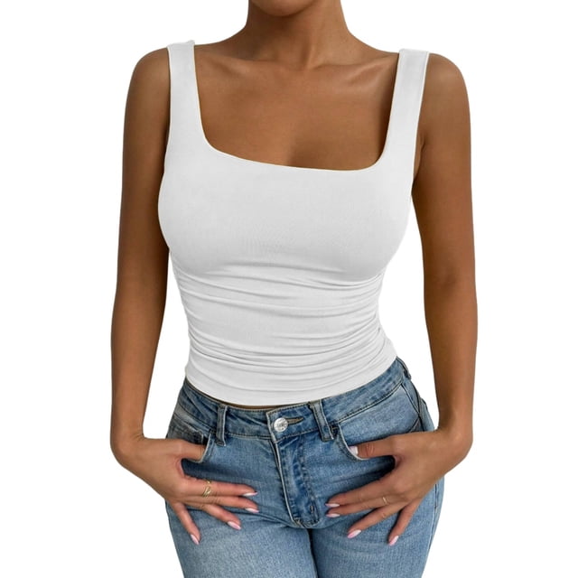 Women'S Summer Sleeveless Square Neck Tank Top Ruched Slim Fit Basic Vest Tops White XS