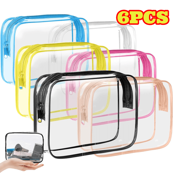 6pcs Clear Cosmetic Bags Small Makeup Bags Portable Waterproof Travel Toiletry Bags Colorful Organizer, 6.9"x 2.2"x 4.7"