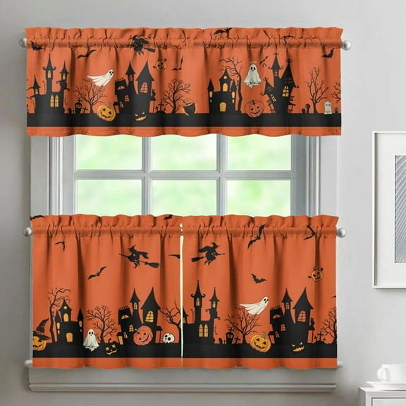 Halloween Kitchen Curtains and Valances Set of 3, Orange Pumpkin Ghost Bat Halloween Kitchen Decor,Horror Halloween Kitchen Curtains and Valances Short Curtain Set for Kitchen Bedroom Decor 36 Inch
