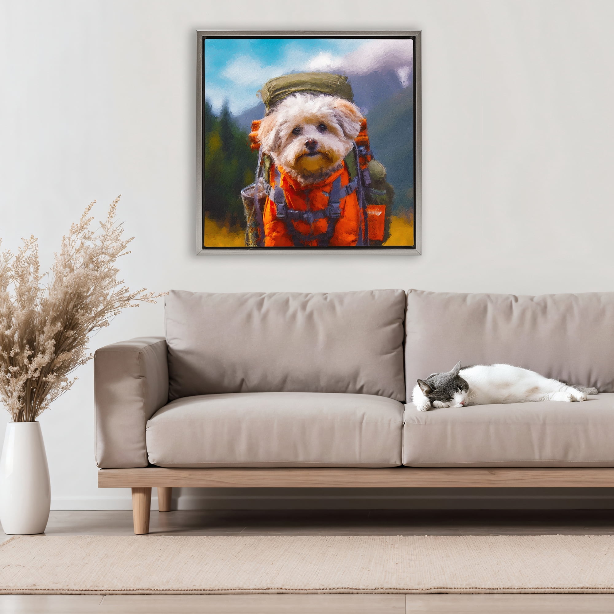 Stupell Industries Adventuring Hiker Dog Gray Framed Floater Canvas Wall Art, design by Sean Parnell