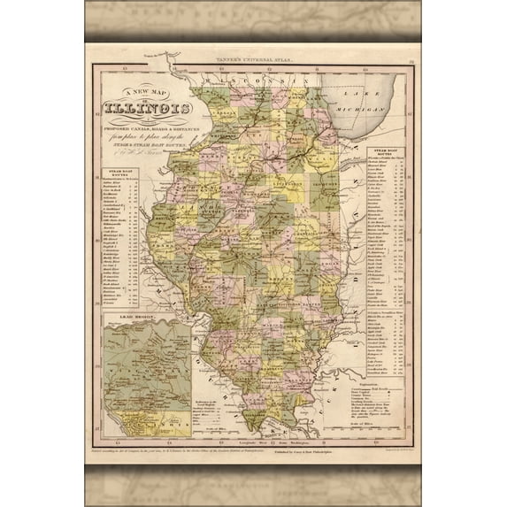 24"x36" Gallery Poster, map of Illinois 1844