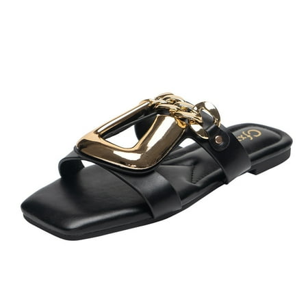 

Ladies Sandals Metal Chain Decoration Flat Fashion Slippers Women Shoes Leather Sandals Women Wedge Hot Wedges Sandals for Women Furry Sandals Women Cork Mystique Sandals for Women Yoga Sandals for