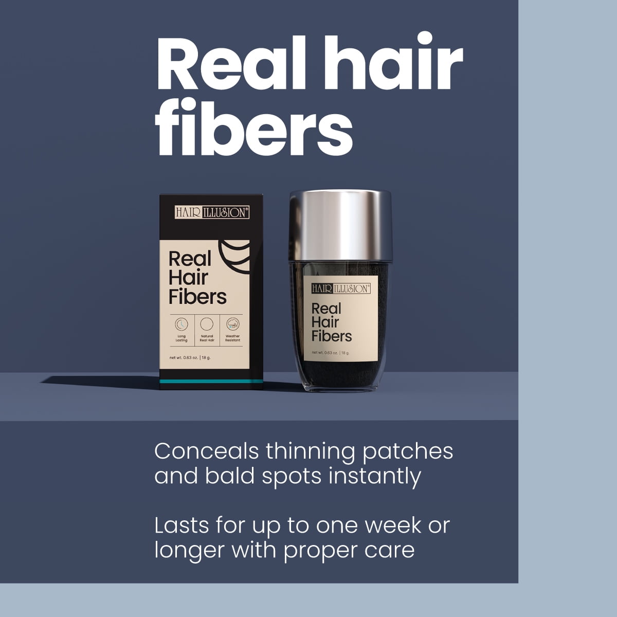HAIR ILLUSION - 100% Natural Real Human Hair FibersNot Synthetic For Men & Women, Premium Hair Building Formulation, Jet Black 18g