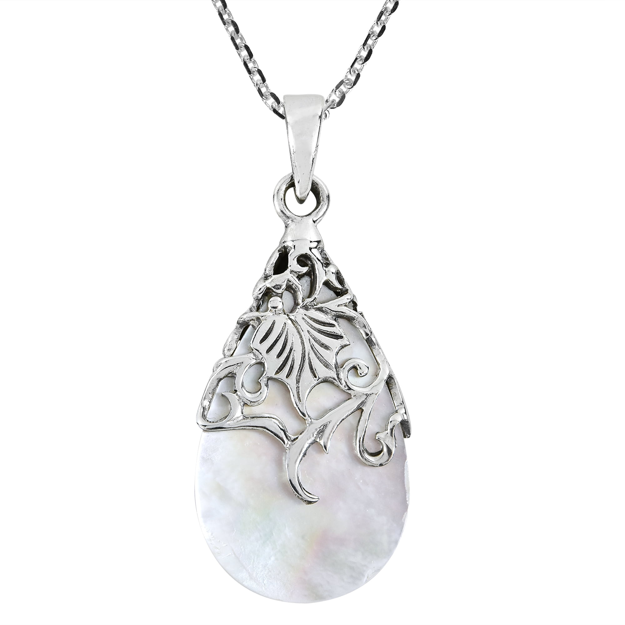 STERLING SILVER FILIGREE LOCKET  WITH MOTHER OF PEARL INSET ON SILVER 18" CHAIN 