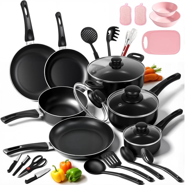 Batería de Cocina Antiadherente 27 Piezas – Incluye Sartenes, Cazos, Ollas y Utensilios, Fácil de Limpiar, Calentamiento Uniforme, Compatible con Múltiples Tipos de Estufa