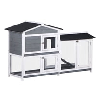 Rabbit Hutch 2-Story Wooden Bunny Cage with Ramp & Weatherproof Roof - Outdoor Small Animal House for 2-4 Rabbits - Gray