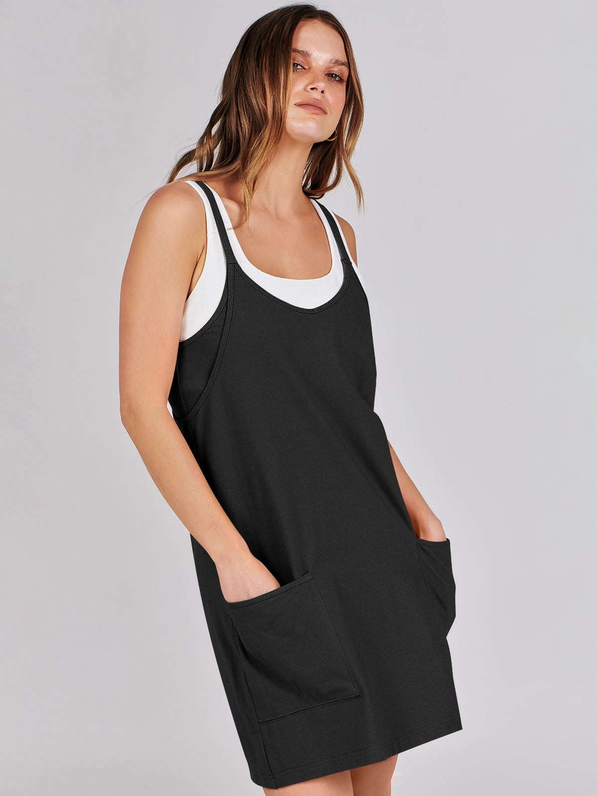 ANRABESS Athletic Dress for Women Tennis Dress with Shorts Summer Active Workout Romper Dress Sleeveless Spaghetti Strap Mini Dress Casual Sundress Vacation Outfits Black XS
