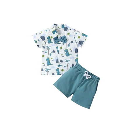 

Sunisery 2Pcs Kids Boys Summer Outfits Dinosaur Print Shirt Short Sleeve Shirt Tops Shorts Clothes Set Blue 3-4 Years