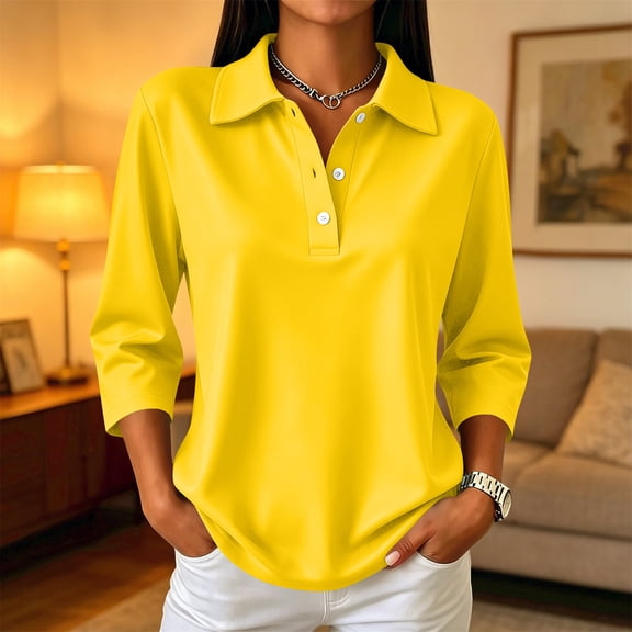 Polo Shirts for Women 3/4 Sleeve Solid Color Quick Dry Work Tops with Collar, L