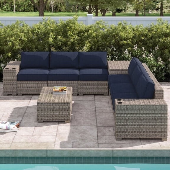 Living Source International 10-Piece Wicker Sectional Set with Cushions in Navy