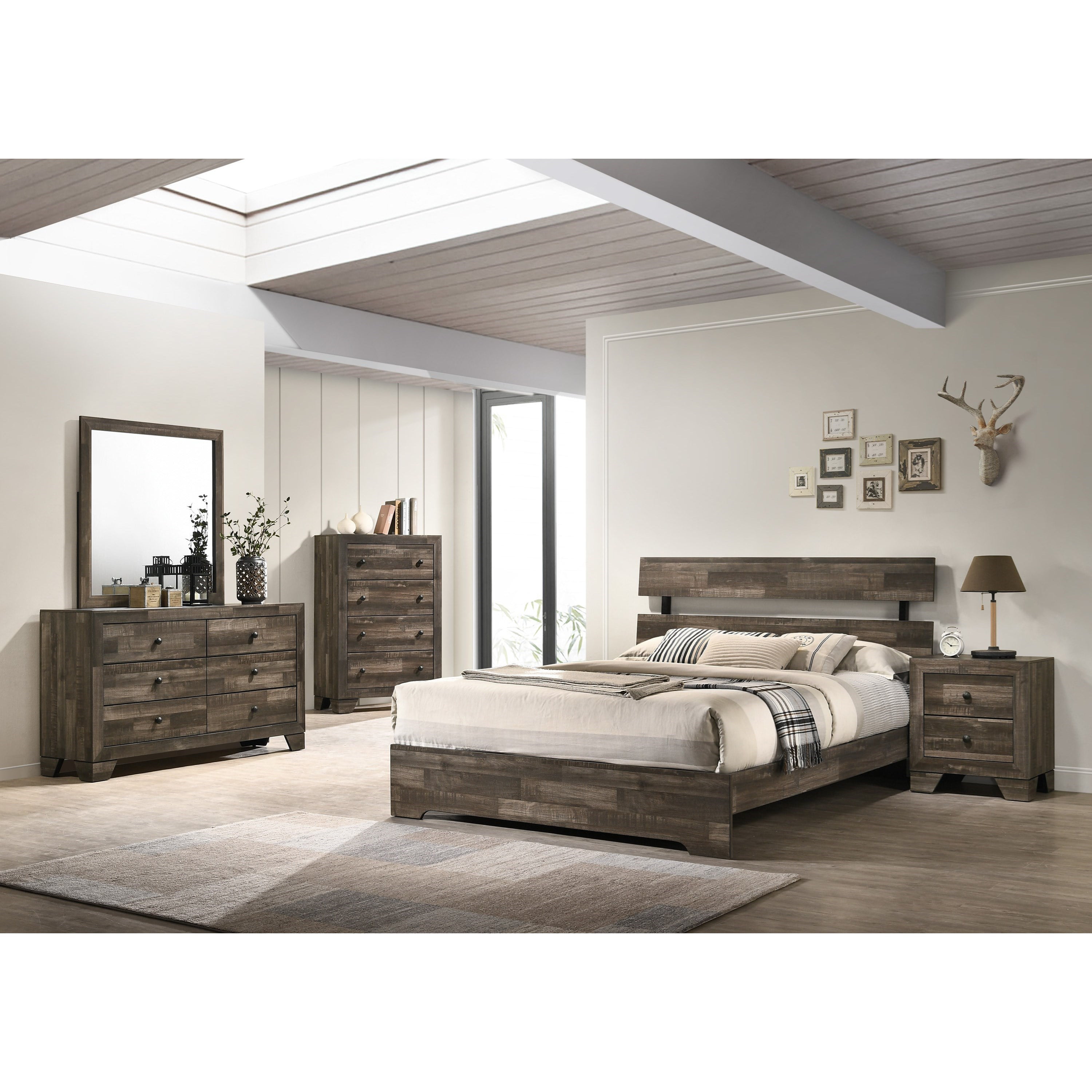 Rustic Brown Finish 4pc King Size Platform Bedroom Set Bed Dresser Mirror Nightstand Wooden Furniture