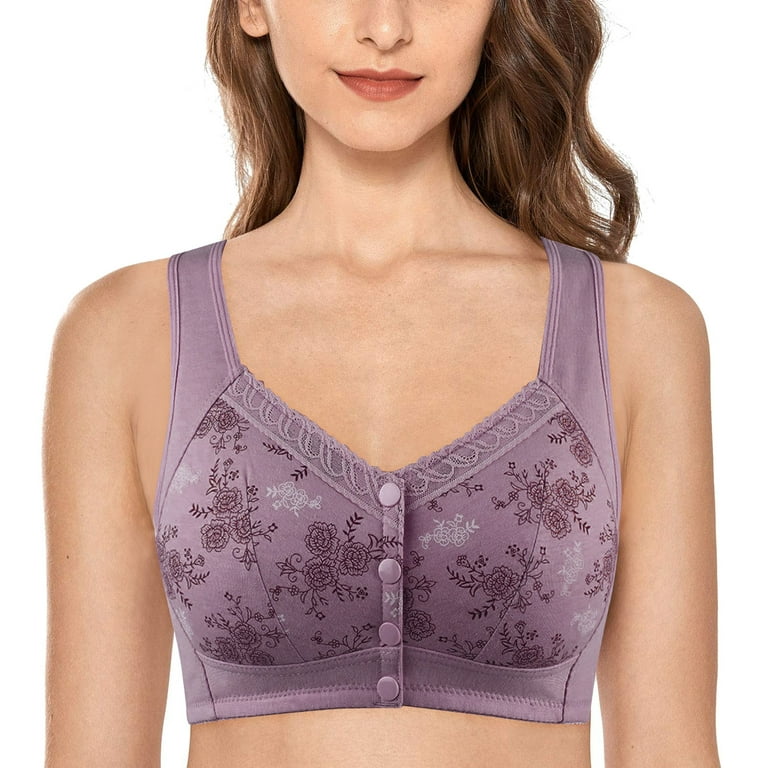 Fsqjgq Large Size Floral Cotton Bras for Women Small Chest Gathered Push up  Bra Underwire Brassiere Breathable Front Buckle Underwear Purple 44