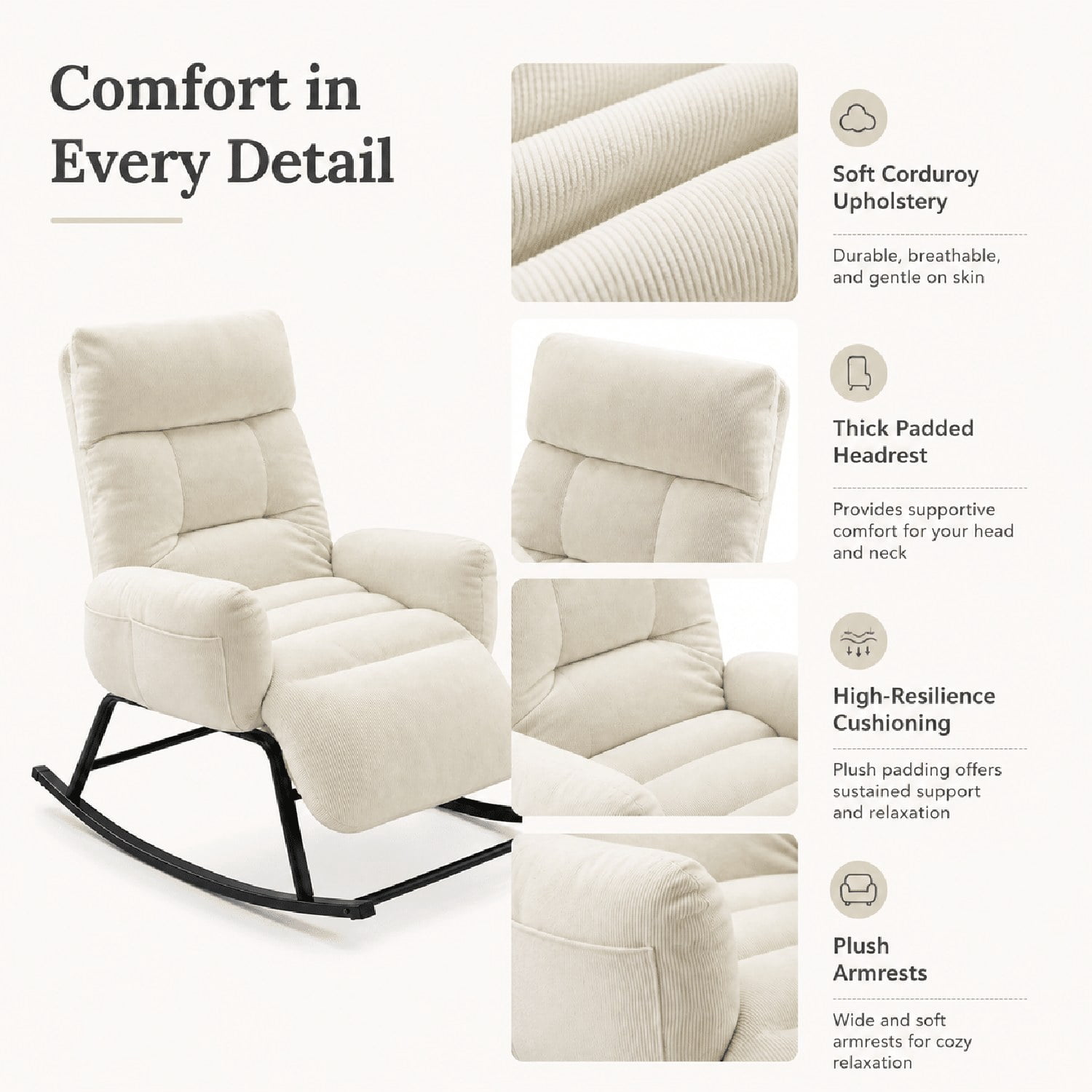 Upholstered Rocking Chair with Retractable Footrest, Plush Lounge Chair with Side Pocket, Tufted Cushion Seat for Living Room, Bedroom, Study and Patio