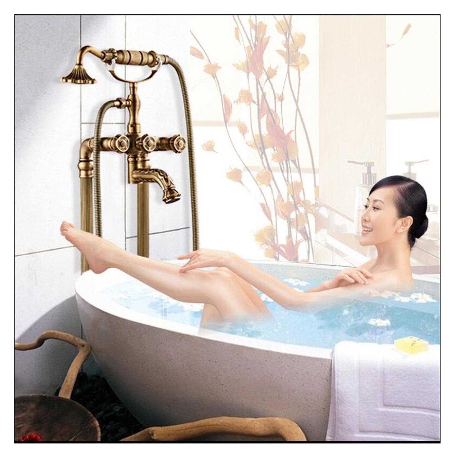 Free standing Carved Bathtub Faucet Tub Filler Fashion Antique Brass Floor Mount with Hand shower Bathtub Mixer Taps ,Easy to Use