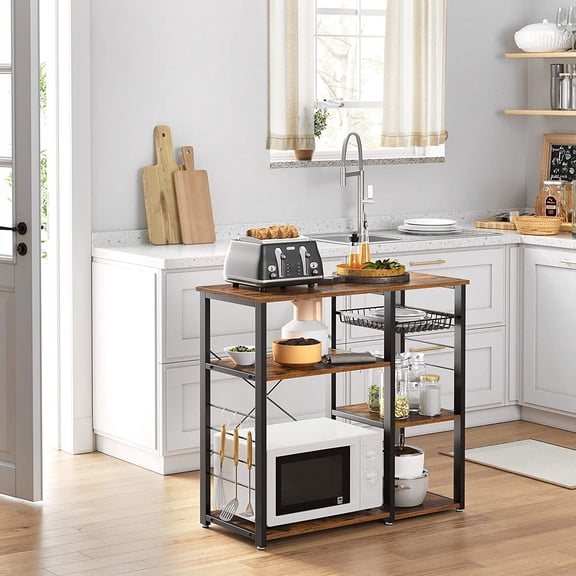 Baker's Rack with Charging Station, 33 Inches Tall Storage Shelves Pull-Out Wire Basket Microwave Table for Kitchen Rustic Brown Ink Black