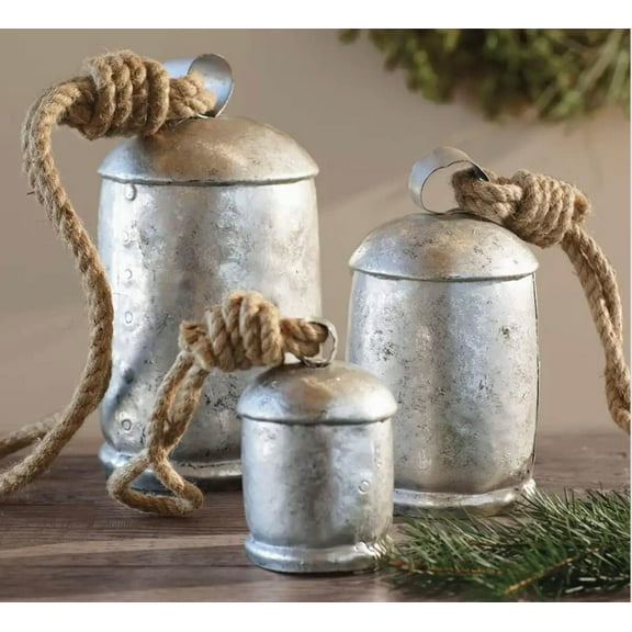 Christmas Cow Bells Harmony Giant Vintage Silver Wall Hanging Bells Country Style Rustic Set of 3 (4", 5", 8")