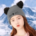 thumbnail image 5 of Gorro de lana de cordero para mujer, cálido gorro de invierno de punto trenzado con dos orejas de pompón y orejas de gato, 5 of 5