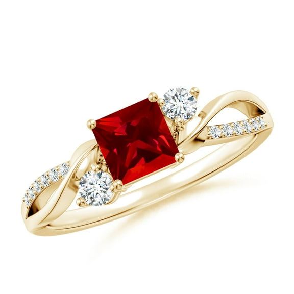 ANGARA Nature Inspired Square Lab Grown Ruby Twisted Vine Engagement Ring for Women in 14K Yellow Gold (Size-5mm) | July Birthstone, Anniversary, Jewelry Gift for Women | Lab-Grown Ruby Ring