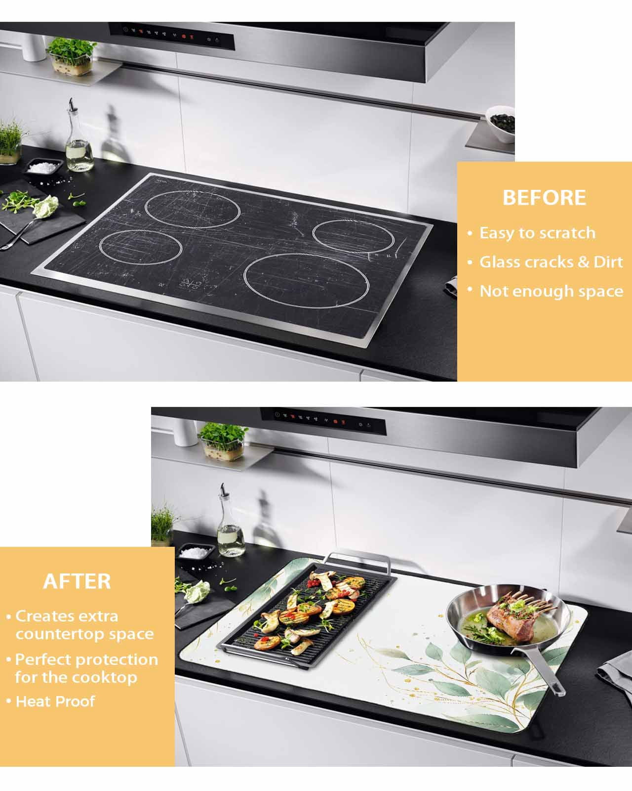 nqOlkjepod Large Induction Cooktop Protector Mat 24"x21", Summer Green Leaves Stove Top Covers for Electric Stove, Pastoral Spring Country Plants Stove Burner Cover Mats, Glass Top Stove Cover