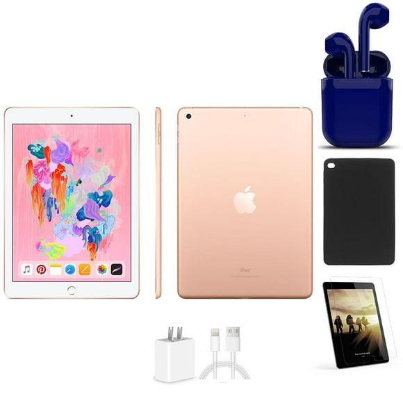 Refurbished Apple iPad 6th Gen 9.7-inch Wi-Fi Only 32GB Gold Bundle: Pre-Installed Tempered Glass, Case, Rapid Charger, Bluetooth/Wireless Airbuds By Certified 2 Day Express (Refurbished)