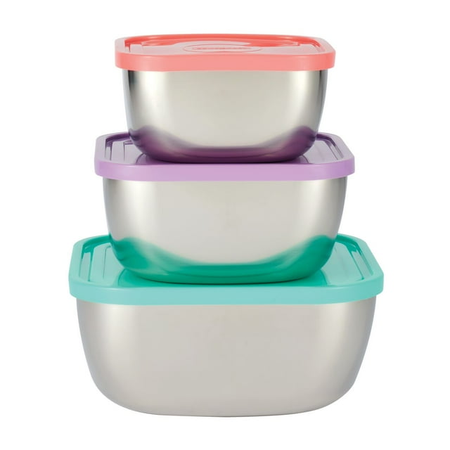 Tramontina 6-Piece Stainless Steel Tapered Square Container Set with Colored Plastic Lids, Dishwasher Safe