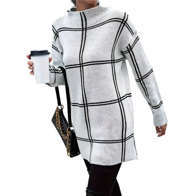 Suéter de Punto A Cuadros para Mujer, Estilo Casual de Otoño/Invierno, Cuello Alto, Suéter A Rayas, Tops Color Block. S