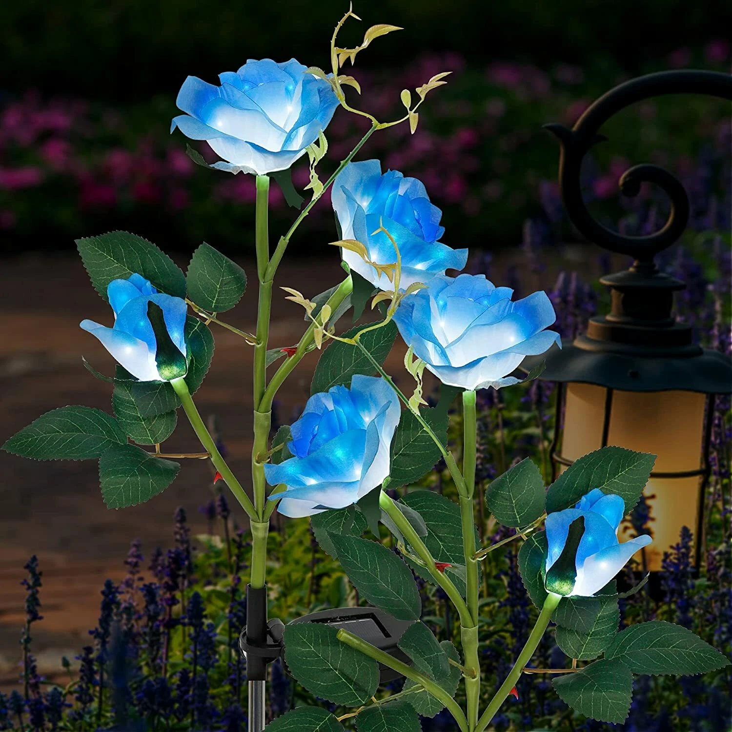 iMeshbean 2 Pack Solar Flowers Lights Outdoor Garden, Waterproof LED Roses Flowers Lights, Blue