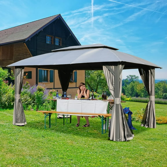 Boyel living Gazebo 10x14FT, Outdoor Gazebo with Double Roofs, Privacy Curtains, Mosquito Nettings, Heavy Duty Metal Frame Party Tent Canopy for Patio, Backyard, Deck, Lawn, Grey