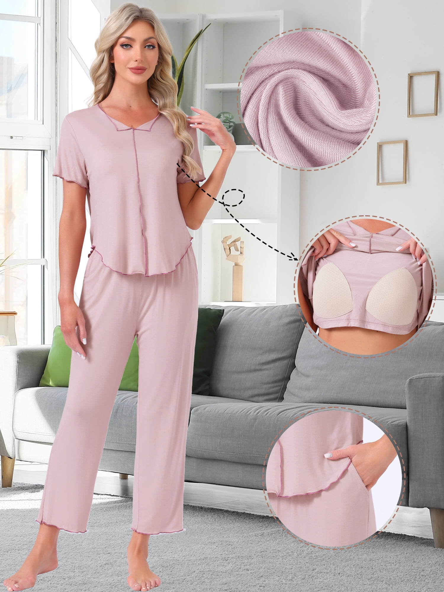 DARING DIVA Women's Pajama Sets Sleepwear Built-in Shelf Bra Short Sleeve Tops S Pink