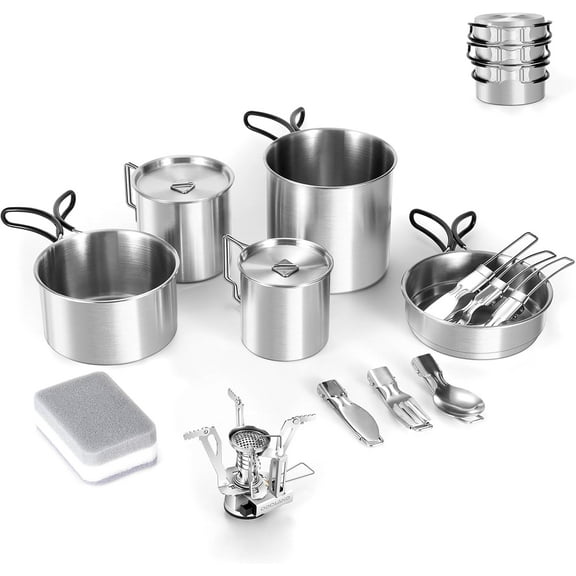 13pcs Stainless Steel Camping Cookware Camping Pots and Pan Set with Portable Camping Stove Camping Mess Kit with Cups Forks Knives Spoons for Hiking Backpacking and Picnic