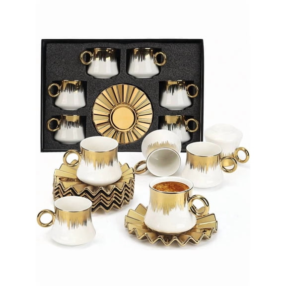 6-Piece Turkish Coffee Cup Set - 3.5oz Ceramic Espresso Cups With Gold-Plated Rims & Saucers - Ottoman-Style Gold Design In Gift Box