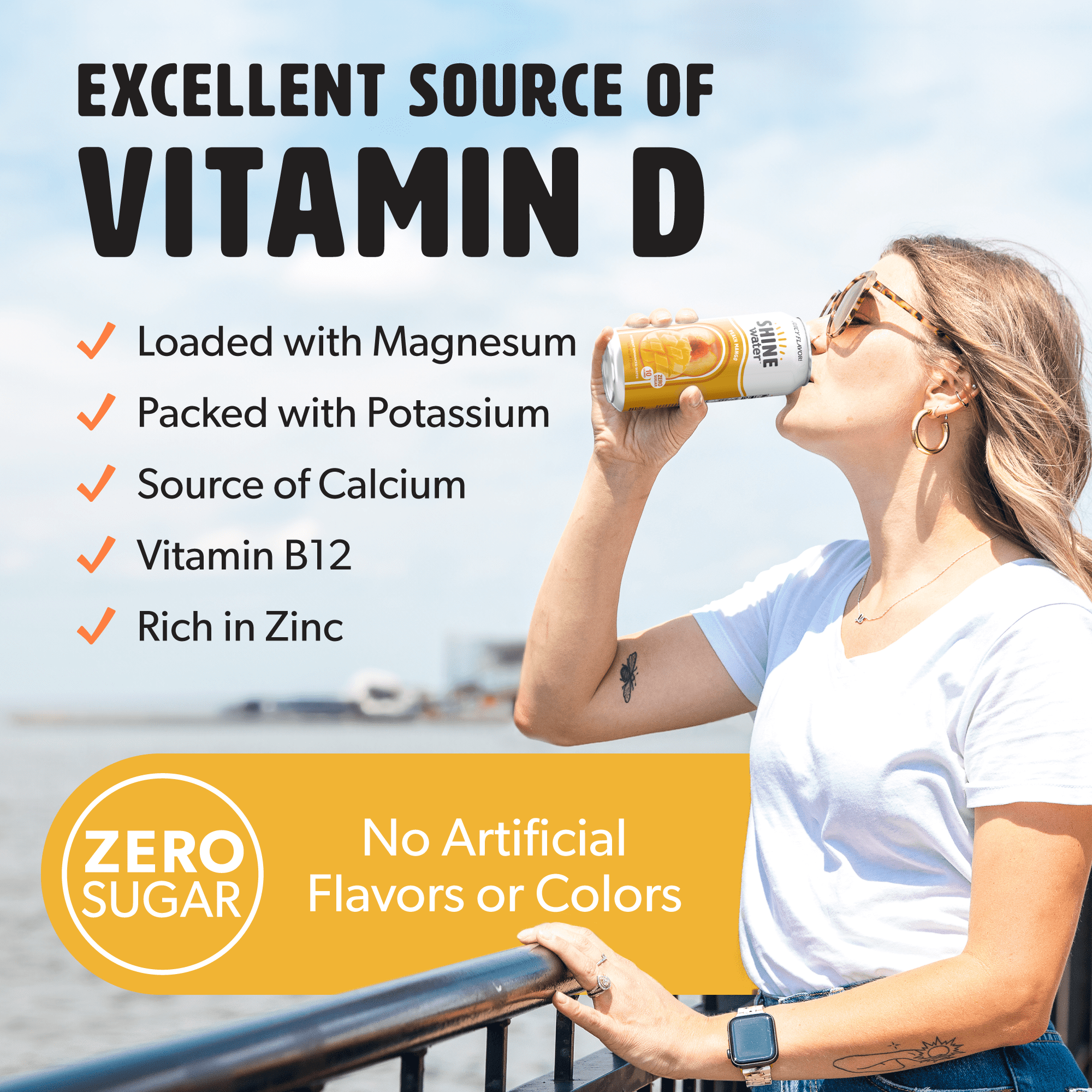 Shine Water Peach Mango Vitamin D Electrolyte Drinks 12-Pack, Sugar Free Flavored Water with Magnesium, Zinc & Antioxidants, Low Calorie Hydration