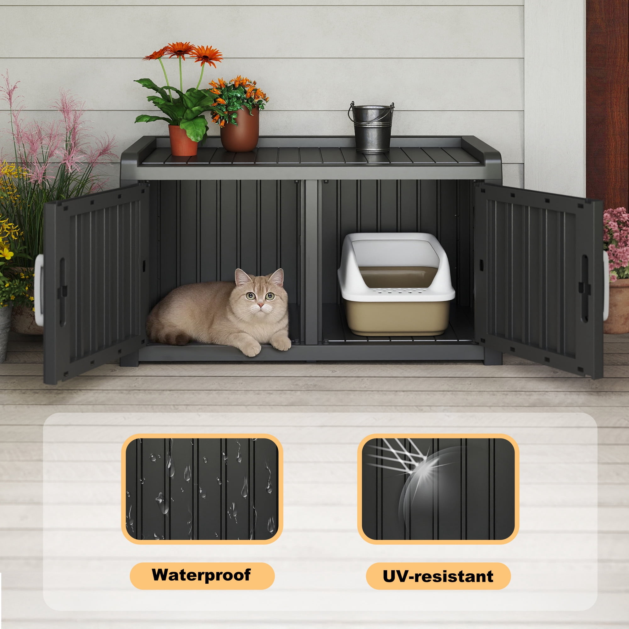 EasyUp Cat Litter Box, Resin Weatherproof Enclosed Litter Box with Dual-Door Design, Hidden Furniture for Indoor Home Use (Black)