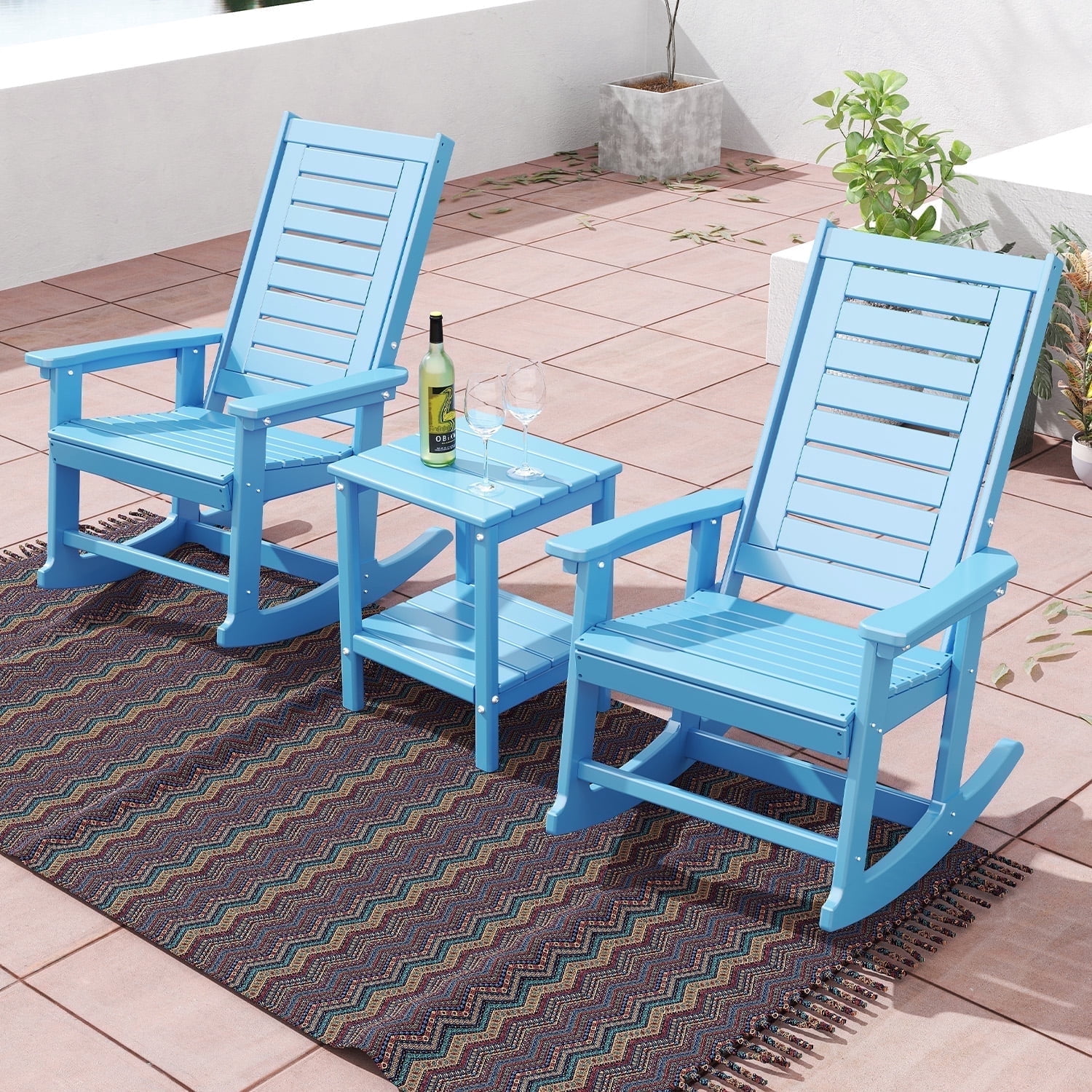 FODINGHILL Outdoor Rocking Chair Set,2 Rocking Chairs with 1 Side Table,HDPE Patio Furniture Sets,High Back Porch Rocker,2-Tier End Table for Backyard Garden Balcony,Arctic