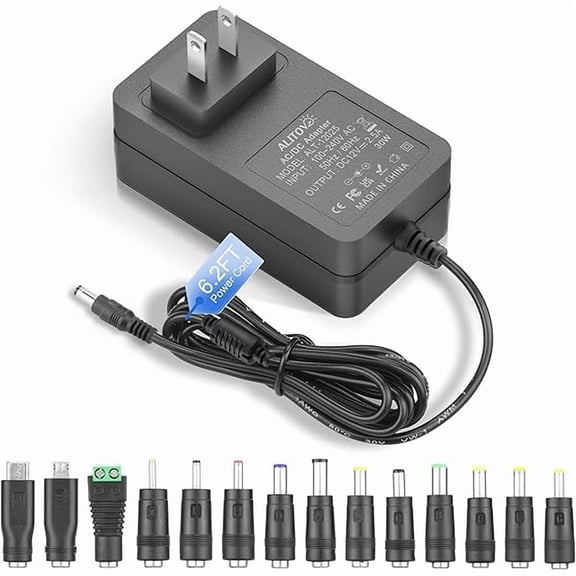 can 12V Power Supply 2.5A AC/DC Adapter 100~240V 50-60hz to DC 12V Power Cord Transformer 12 Volt Power Supply 2.5 Amp 2A 1.5A 1A 6.2FT with 14 Tips for LED Light CCTV Camera PC Monitor Router